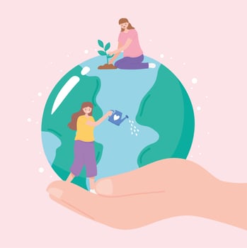 Hand holding Earth with women planting and watering vector