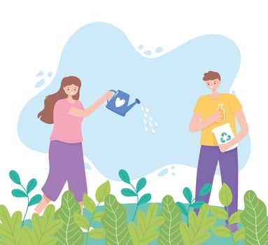 Girl with watering can and boy with recycle products vector