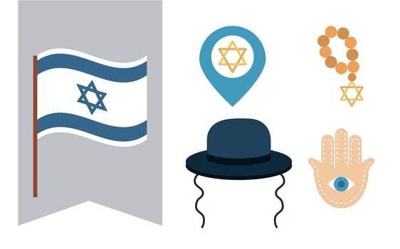 Hanukkah, Jewish traditional ceremony flat icon set vector