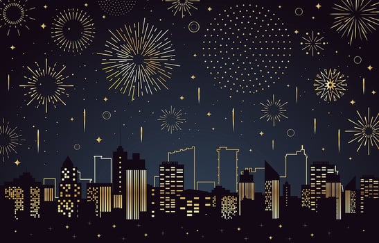 Scenery of Fireworks Above a City Buildings Silhouette vector