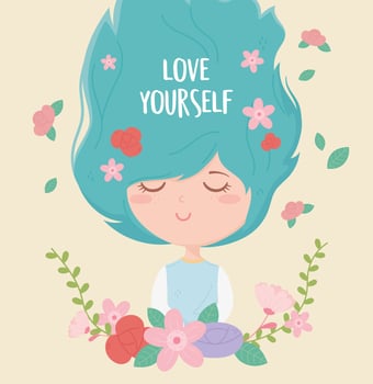 Love yourself composition with young woman and flowers vector