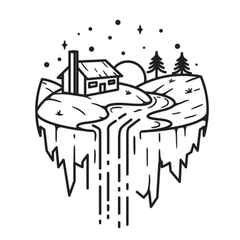 Farm and waterfall, line art design vector
