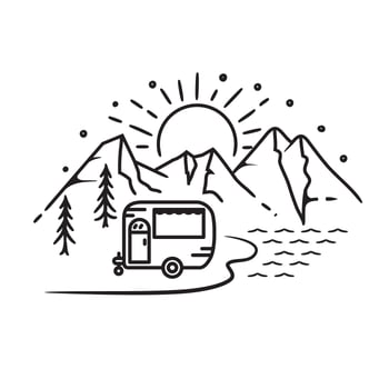 Summer camp trailer, line art design vector
