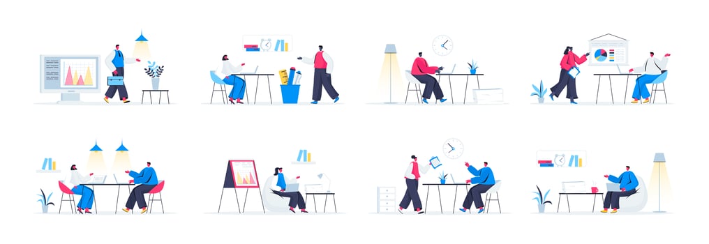 Bundle of office management scenes vector