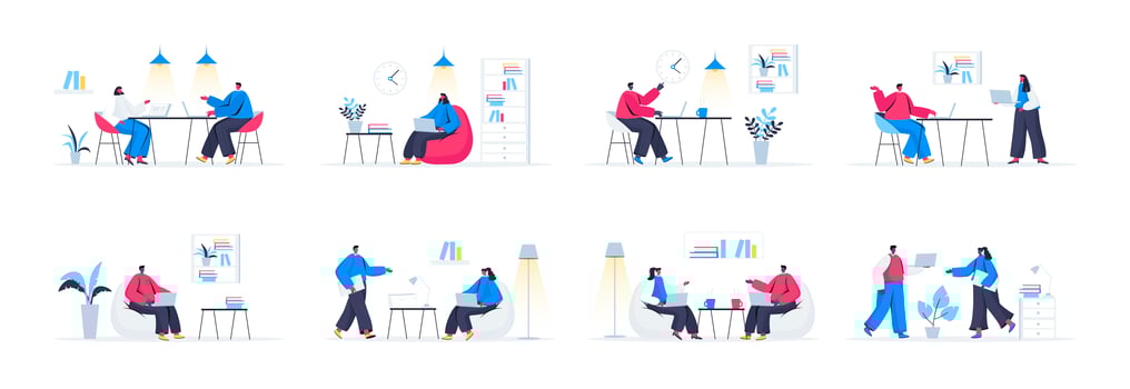 Bundle of coworking office scenes vector