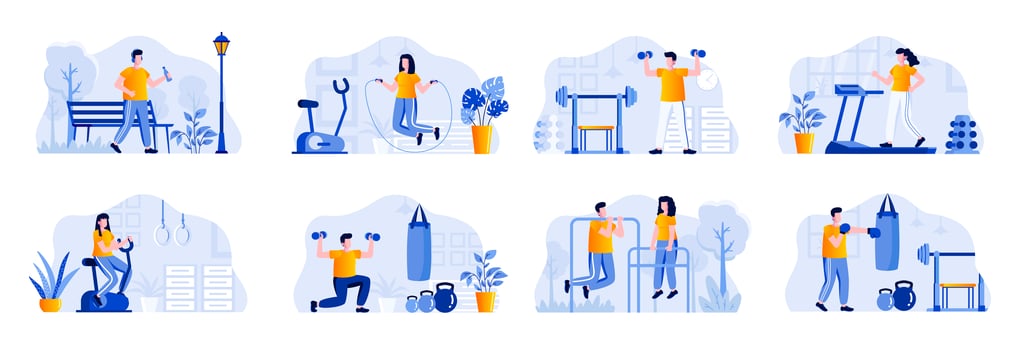 Fitness scenes bundle with people characters vector