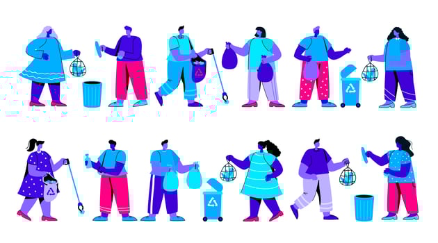 Men and women or ecologists sorting and disposing garbage vector