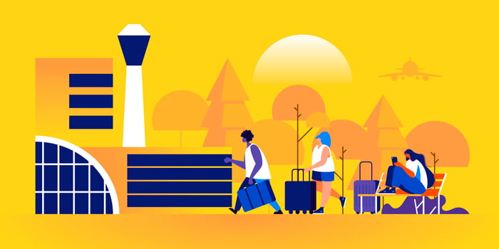 People with suitcases walking towards airport vector