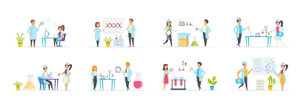 Medical laboratory set with people in various scenes vector