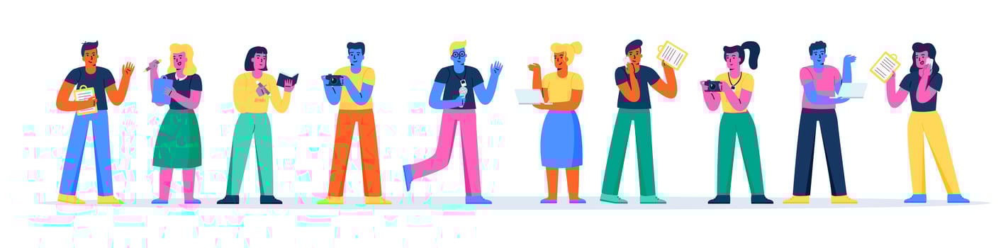 Horizontal banner with funny people taking notes and photos vector