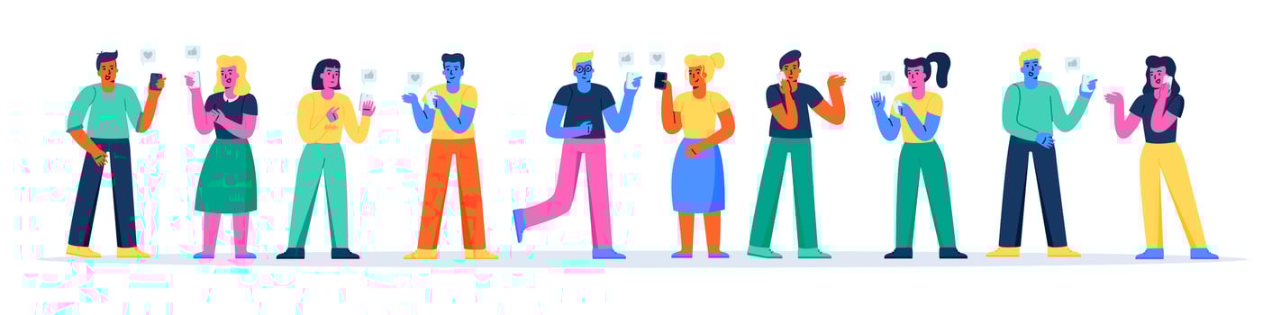 Horizontal banner with happy people using smartphones vector