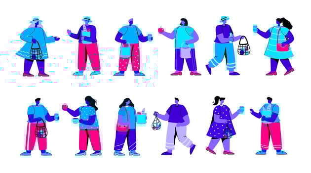 Set of funny boys and girls holding string bags vector