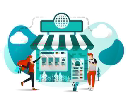 Vector Illustration Concept For Websites, Apps, UI, Print, Poster. Offline Shop are Online. Store Join Marketplace or E-commerce Digital Marketing, People Shop Just a Click With Flat Cartoon Character