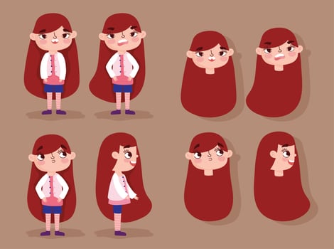 Cartoon animation girl character faces and bodies vector