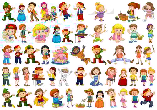 Kids in large group acting our varoous roles vector