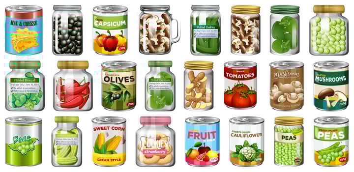 Set of different canned food and food in jars vector