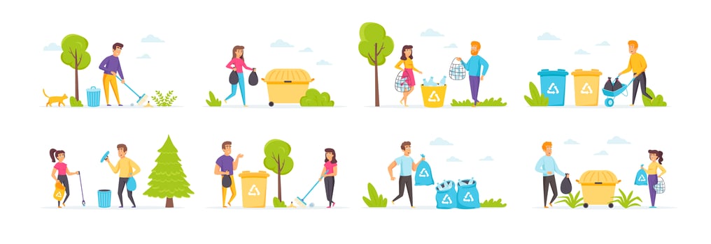 Garbage collection set with people characters vector