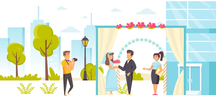 Marriage officiant marrying bride and groom vector