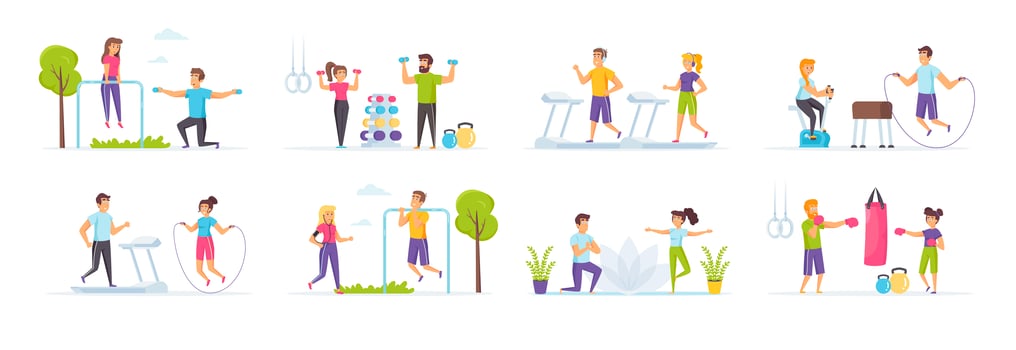 Fitness workout set with people characters vector