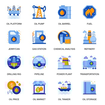 Oil industry icons set in flat style. vector