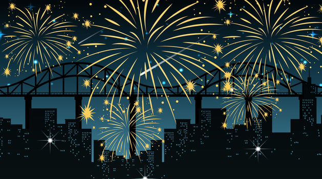 Cityscape with celebration fireworks scene vector