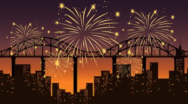 Cityscape with celebration fireworks scene vector