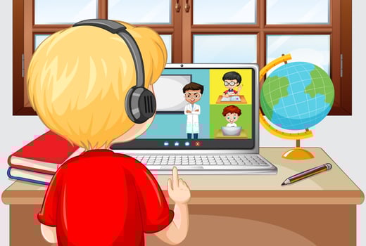 Back view of a boy communicate video conference with friends at home scene vector