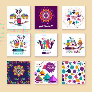Happy holi vector elements for card design , Happy holi design with colorful icon on 9 cards