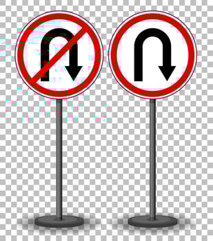 U-turn and No U-turn sign with stand isolated on transparent background vector