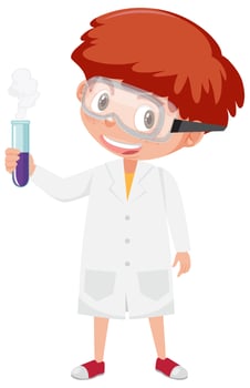 Boy in scientist costume holding test tube vector