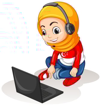 A muslim girl with laptop on white background vector