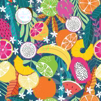 Fruit seamless pattern, collection of exotic tropical fruits vector