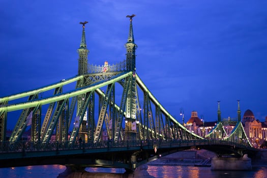 Budapest, Hungary, 2020 - Lighted bridge at night photo