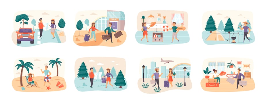 Travel vacation bundle of scenes with people characters vector
