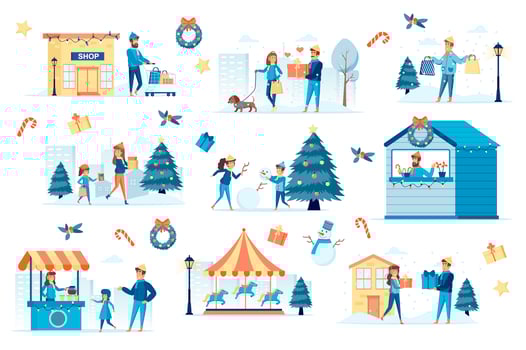 Winter festival bundle of flat scenes vector