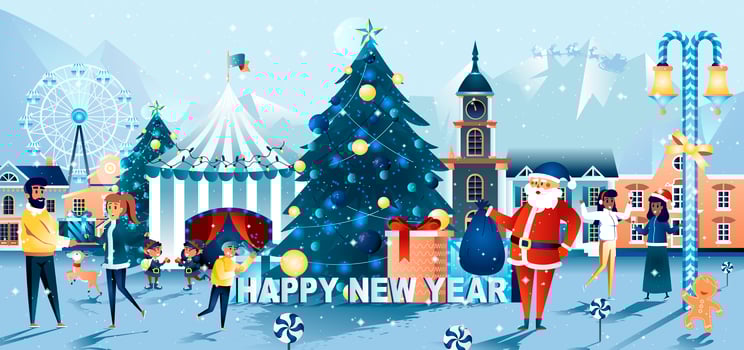 Christmas and New Year Santa town square celebration card vector