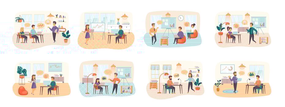 Business training bundle of scenes with flat people characters vector