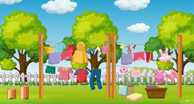 Many clothes hanging on a line outside the house scene vector