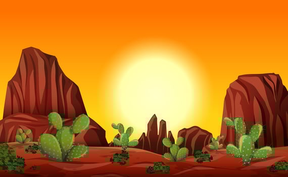 Desert with rock mountains and cactus landscape at sunset scene vector