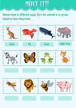 Sort the animal into the group based on how they move worksheet for kindergarten vector