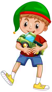 Cute boy wearing Christmas hat and playing with his toy on white background vector