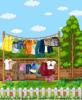 Many clothes hanging on a line outside the house scene vector