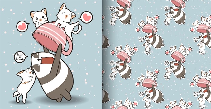 Seamless kawaii panda holding cup with cats pattern vector