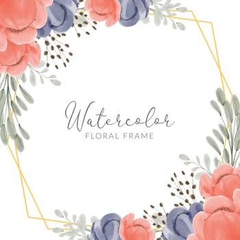 Floral frame watercolor painted with peony and geometrical golden border vector