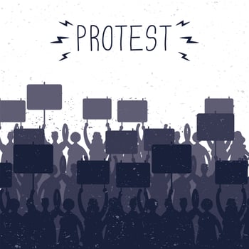 Crowd holding protest banners, silhouettes scene vector