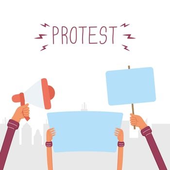 Hands holding protest banners and megaphones vector