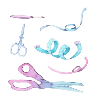Set of watercolor needle bed sewing accessories vector