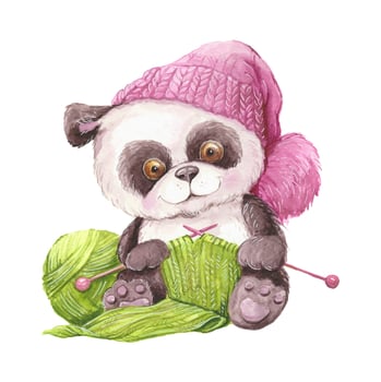 Watercolor knitting panda in hat vector