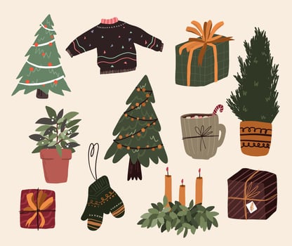 Christmas cute cartoon elements indoor decor set vector