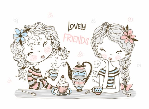 Cute girlfriends drink tea vector